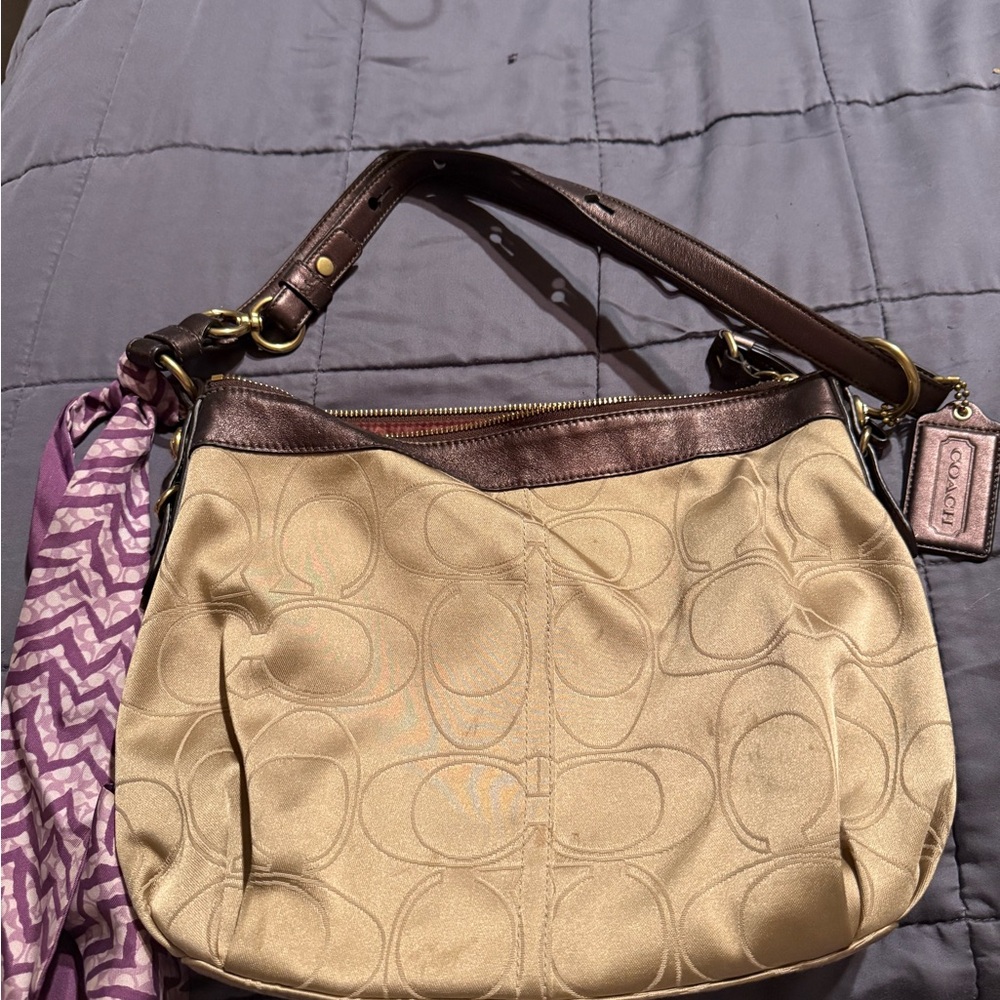 Coach Cream and Brown Signature Shoulder Bag